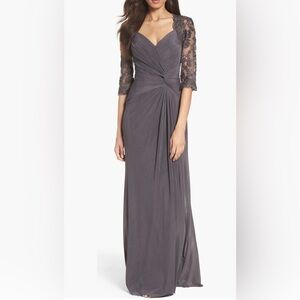 La Femme NWOT Ruched Twist Column Sweetheart Neck Lace and Crystals  Maxi Gown